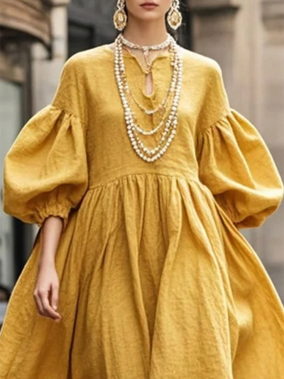 Loose Puff Sleeves Solid Color Round-neck Maxi Dresses