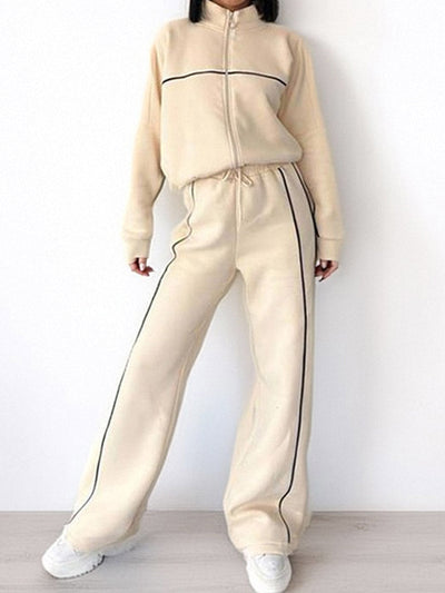 Contrast Color Line Split-Joint Zipper Lapel Outerwear +  Elasticated Waist High Waisted Drawstring  Pants Two Pieces Set