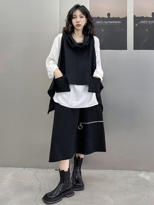 Irregularity Loose Pockets Solid Color Heaps Collar T-Shirts Vest Top