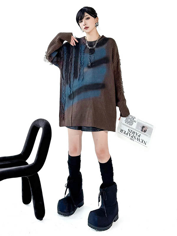 Irregularity Long Sleeves Abstract Printed Asymmetric Contrast Color Split-Joint Tasseled Round-Neck Sweater Tops