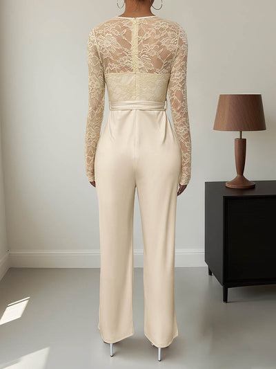 Column High Waisted See-Through Solid Color Split-Joint Tied Waist Round-Neck Jumpsuits