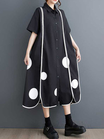 A-Line Half Sleeves Buttoned Pockets Polka-Dot Split-Front Split-Joint Lapel Midi Dresses Shirt Dress