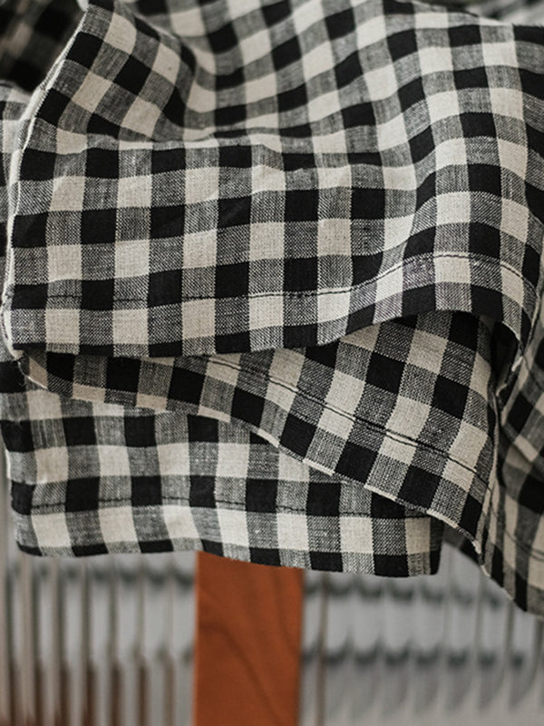 Artistic Retro Linen Loose Wide Legs Plaid Drawstring Pants