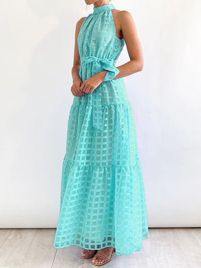 Loose Sleeveless Plaid Ribbed Stand Collar Maxi Dresses