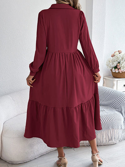 High Waisted Long Sleeves Pleated Ruffled Solid Color Lapel Midi Dresses Shirt Dress