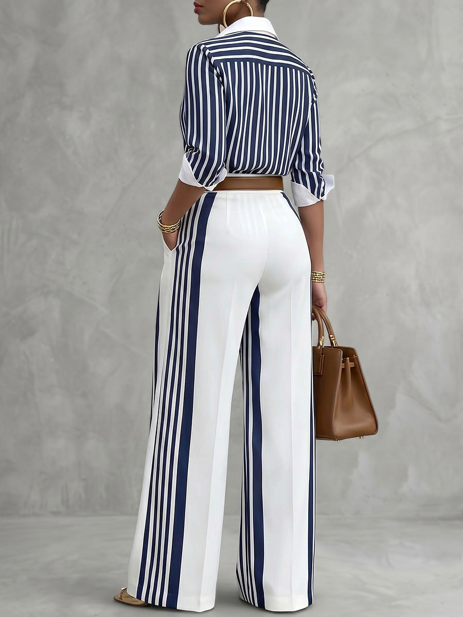High Waisted Wide Leg Contrast Color No Belt Pockets Pants Trousers