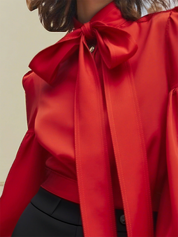 Puff Sleeves Bowknot Solid Color Stand Collar Blouses&Shirts Tops