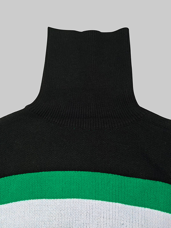 Flared Sleeves High-Low Contrast Color Split-Joint High Neck Pullovers Sweater Tops