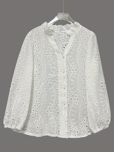 Irregularity Long Sleeves Buttoned Flower Shape Hollow See-Through Single-Breasted Solid Color Split-Joint V-Neck Blouses&Shirts Tops