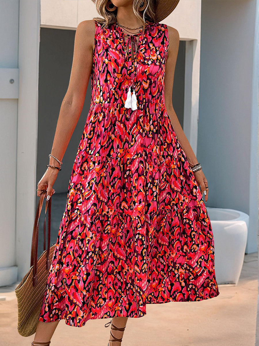 A-Line Loose Contrast Color Printed Split-Joint V-Neck Maxi Dresses
