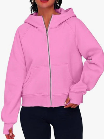 Hooded Long Sleeves Pockets Solid Color Zipper Jackets Outerwear