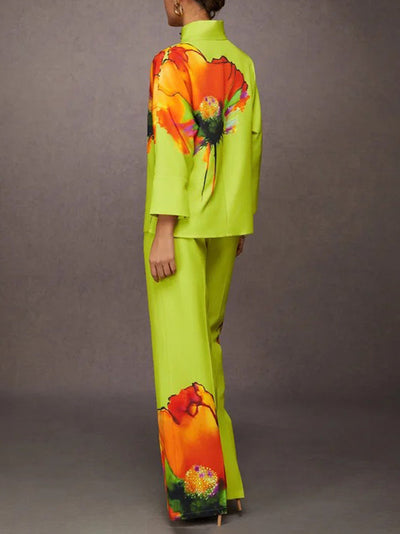 Loose Wide Leg Elasticity Flower Print Pleated Pants Trousers