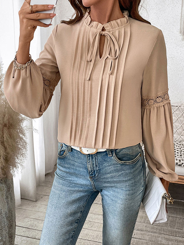 Long Sleeves Loose Pleated Solid Color Split-Joint V-Neck Blouses&Shirts Tops