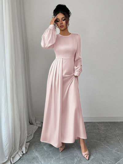 A-Line Elasticated Waist Asymmetric Pleated Solid Color Split-Joint Round-Neck Maxi Dresses