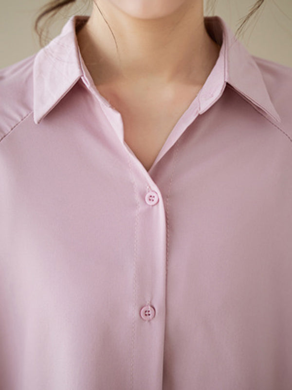 Loose Short Sleeves Solid Color Lapel Shirts Tops