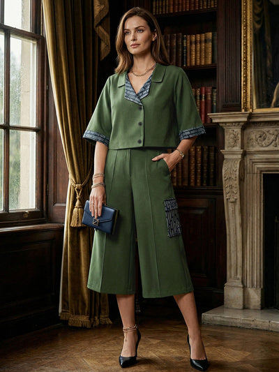 Loose Short Sleeves Buttoned Contrast Color Split-Joint Lapel Blouses&Shirts Tops