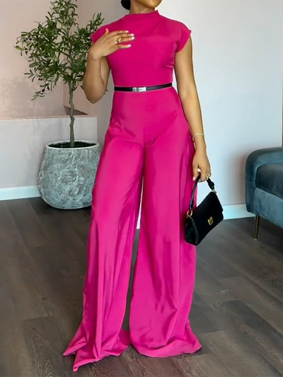 Cap Sleeve Wide Leg No Belt Solid Color Stand Collar Jumpsuits