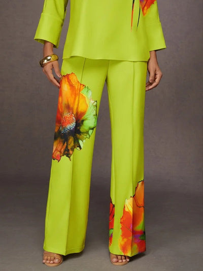 Loose Wide Leg Elasticity Flower Print Pleated Pants Trousers