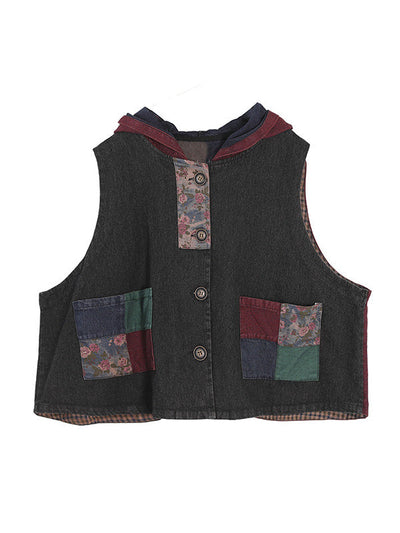 Artistic Retro Loose Denim Sleeveless Buttoned Contrast Color Hooded Vest Outerwear