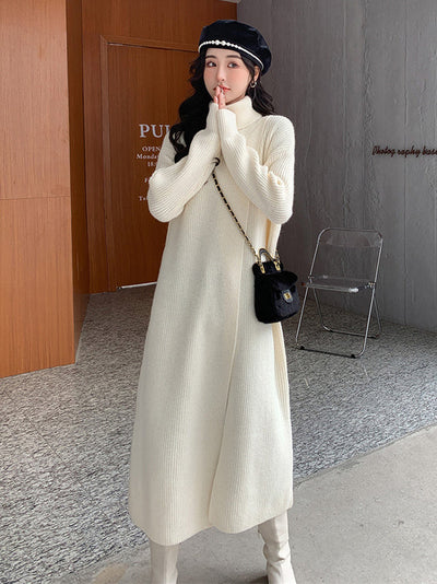 Stylish Long Sleeves Split-Front Solid Color High-Neck Sweater Tops