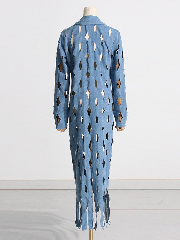 Long Sleeves Loose Hollow Solid Color Tasseled Notched Collar Denim Outerwear