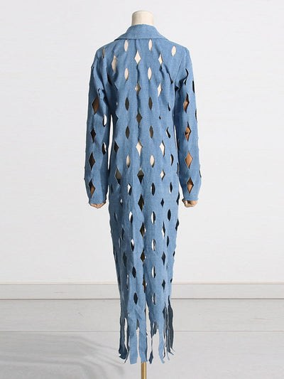 Long Sleeves Loose Hollow Solid Color Tasseled Notched Collar Denim Outerwear