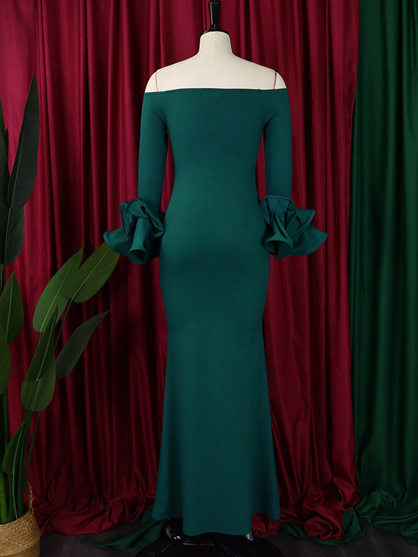 Bodycon Flared Sleeves Falbala Solid Color Split-side Off-the-shoulder Maxi Dresses