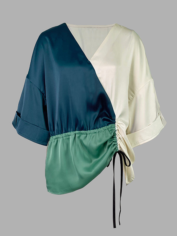 Long Sleeves Loose Color-Block Contrast Color Drawstring Elasticity V-Neck Blouses&Shirts Tops