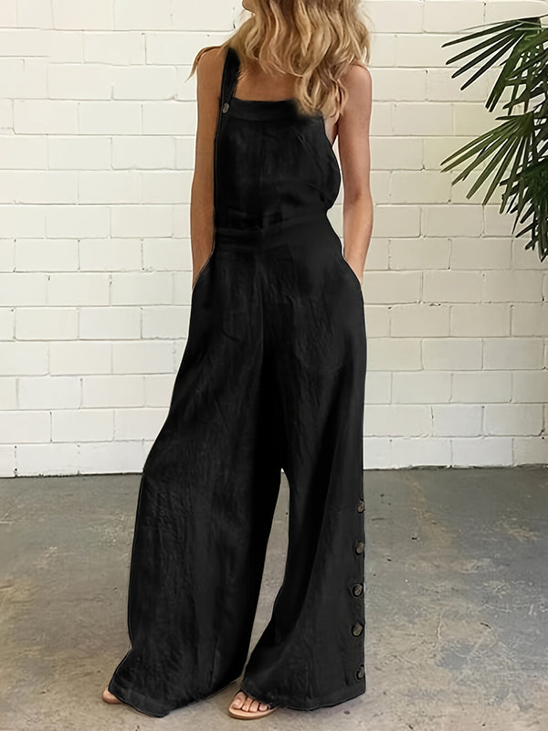 High Waisted Loose Buttoned Pockets Solid Color Spaghetti-Neck Overalls