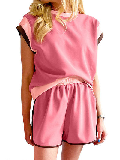 Contrast Color Short Sleeves Round-Neck T-Shirt + Elasticity Shorts Two Pieces Set