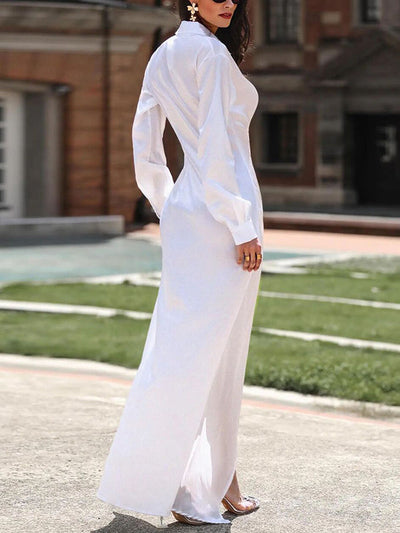 Long Sleeves Buckle Buttoned Pleated Solid Color Split-Front Lapel Maxi Dresses Shirt Dress