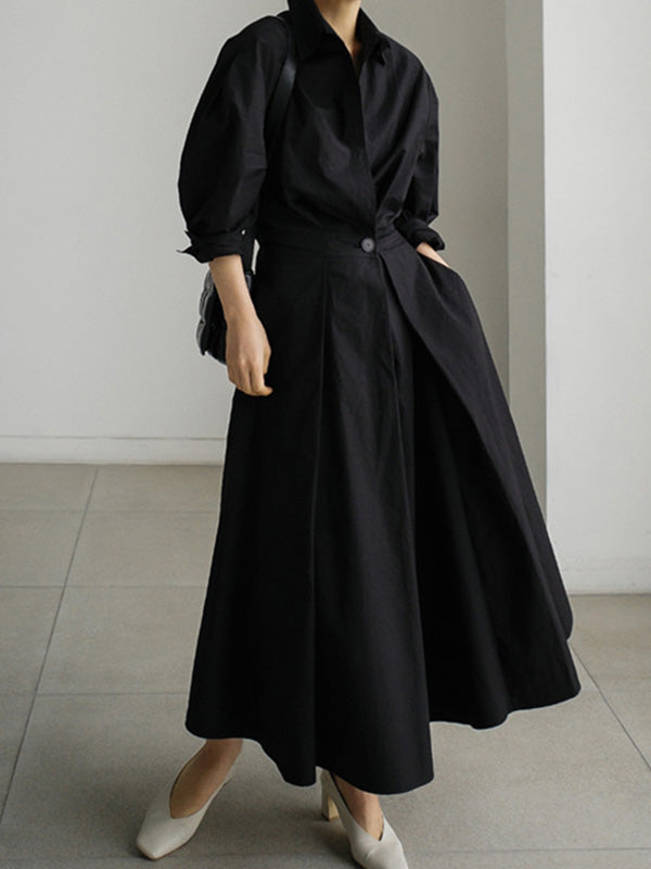Long Sleeves Loose Buttoned Solid Color Lapel Midi Dresses