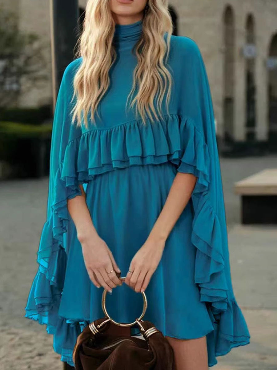 High Waisted Sleeveless Pleated Ruffled Solid Color Split-Joint Tied Mock Neck Mini Dresses Two Pieces Set