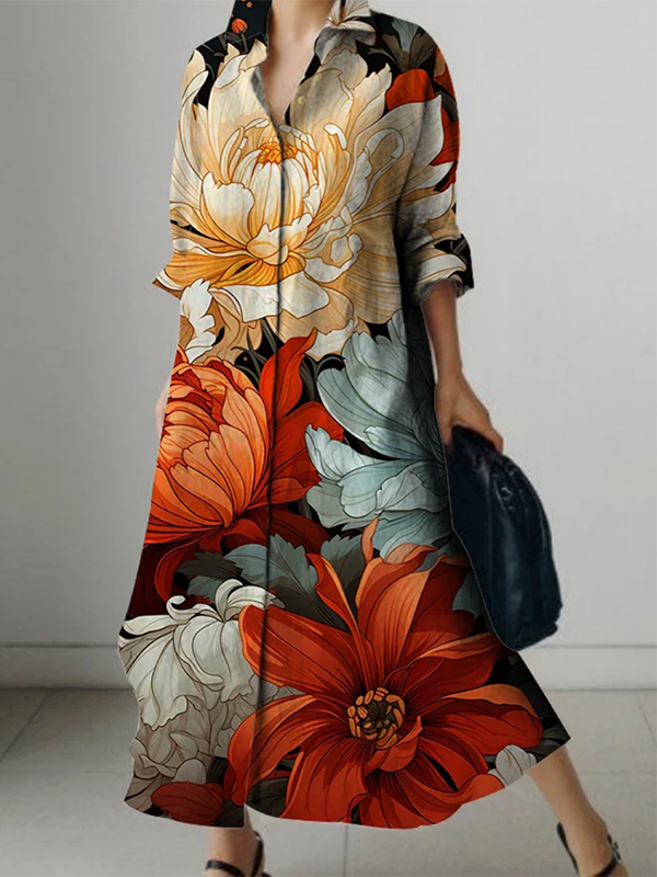 Long Sleeves Loose Flower Print Lapel Maxi Dresses Shirt Dress