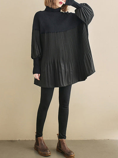 Knitting Pleats Split-Joint High-Neck Pullover Top