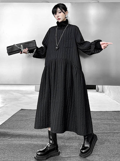 A-Line Long Sleeves Embossed Pockets Quilted Solid Color Split-Joint High Neck Midi Dresses Sweater Dresses