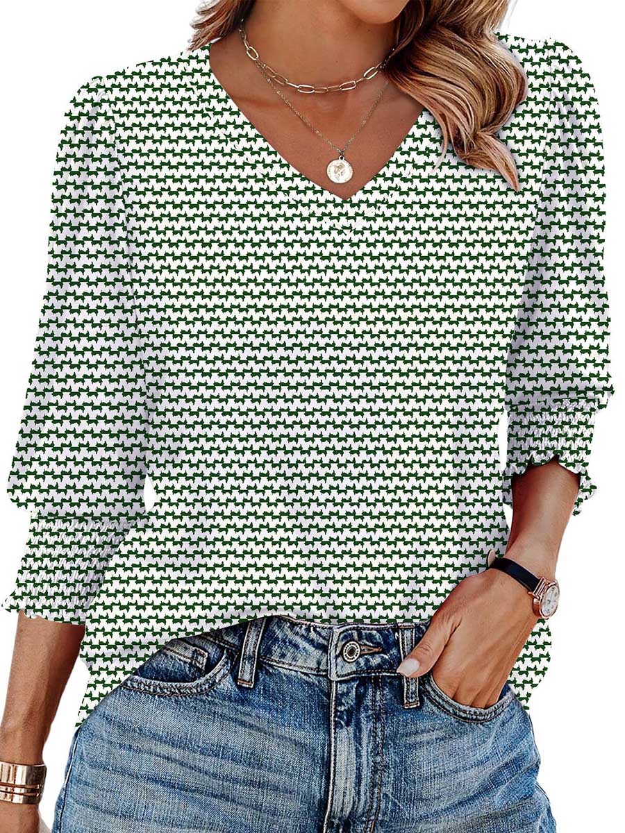 Long Sleeves Loose Contrast Color Pleated Printed Split-Joint V-Neck T-Shirts Tops