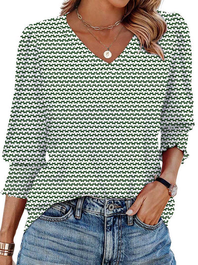 Long Sleeves Loose Contrast Color Pleated Printed Split-Joint V-Neck T-Shirts Tops