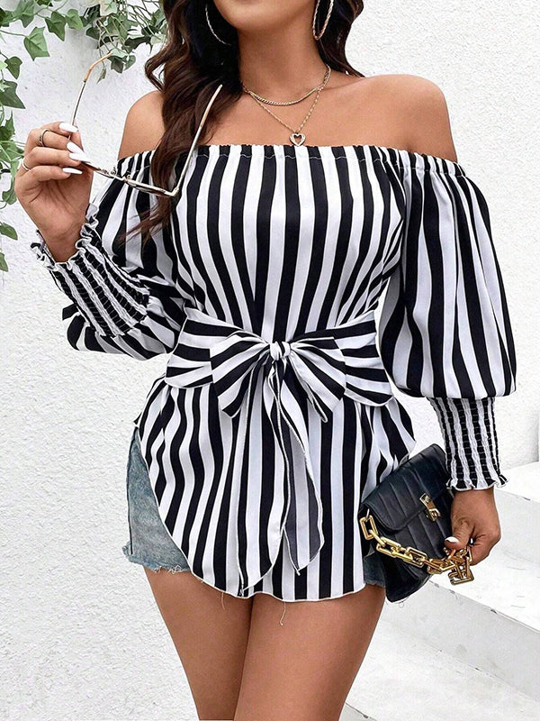 Long Sleeves Loose Contrast Color Elasticity Split-Joint Striped Tied Waist Off-The-Shoulder Blouses&Shirts Tops