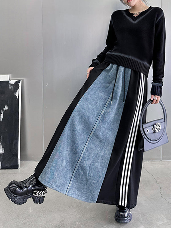 A-Line Loose Contrast Color Drawstring Split-Joint Striped Skirts Bottoms