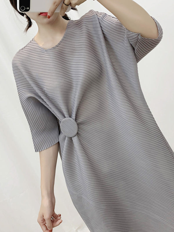 Half Sleeves Irregular Clipping Pleated Solid Color Round-Neck Midi Dresses