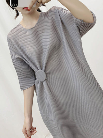 Half Sleeves Irregular Clipping Pleated Solid Color Round-Neck Midi Dresses