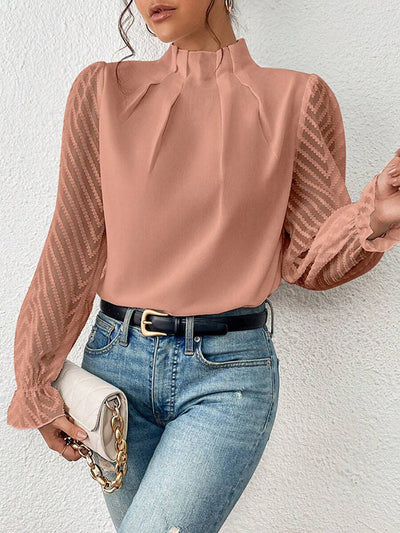 Long Sleeves Loose Elasticity Mesh Pleated Solid Color Mock Neck Blouses&Shirts Tops