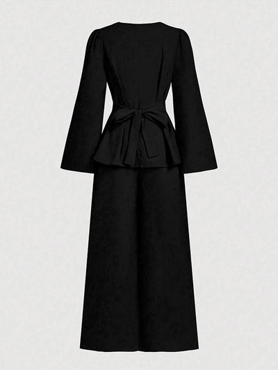 Long Sleeves Solid Color Split-Joint Tied Waist V-Neck Blouses&Shirts Tops