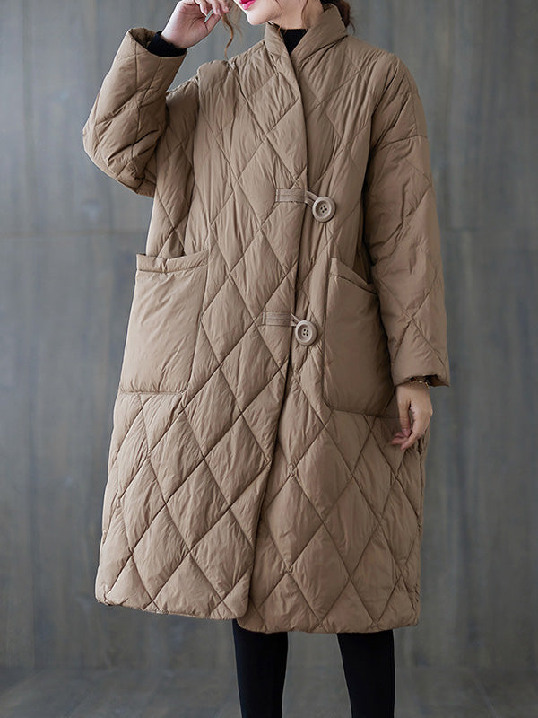 Vintage Artistic Retro Solid Color Buttoned Stand Collar Long Sleeves Padded Coat