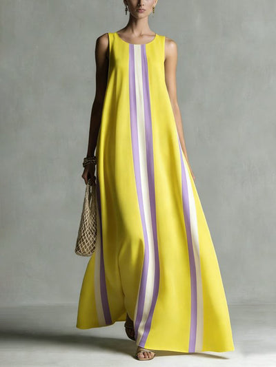 A-Line Loose Pockets Striped Round-Neck Maxi Dresses