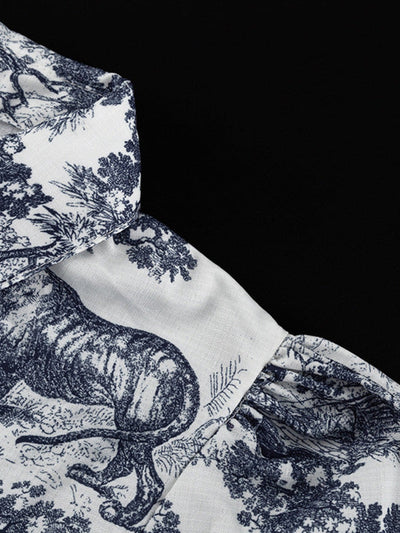 Loose Puff Sleeves Pleated Printed Split-Joint Tied Waist Lapel Mini Dresses Shirt Dress