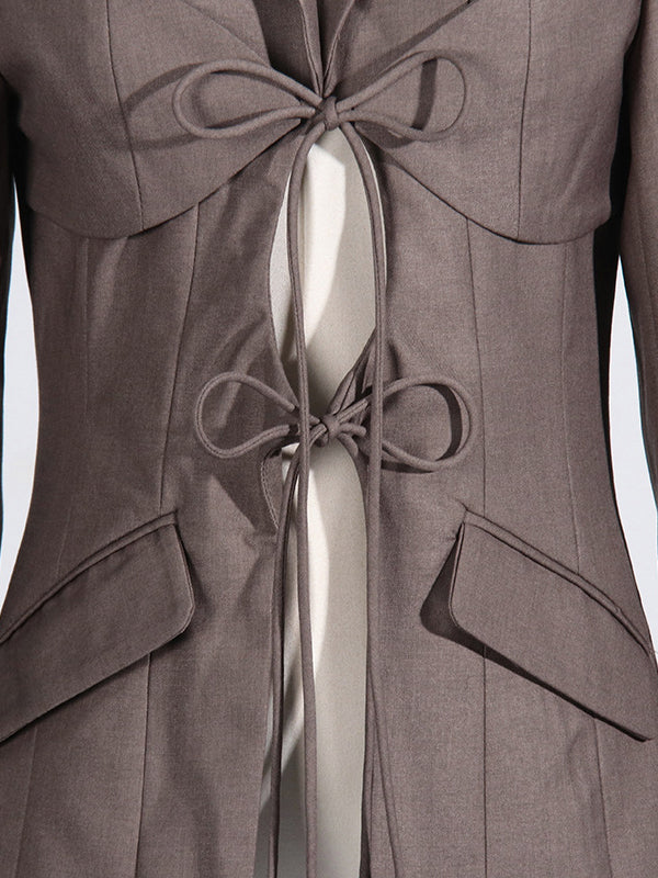Long Sleeves Loose Pockets Solid Color Tied Notched Collar Blazer Outerwear