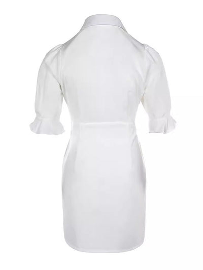 A-Line Flared Sleeves Buttoned Pleated Pockets Solid Color Split-Joint Lapel Mini Dresses Shirt Dress