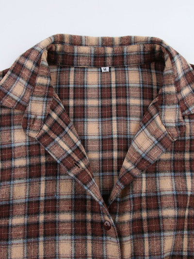 Long Sleeves Loose Buttoned Contrast Color Plaid Split-Joint Lapel Blouses&Shirts Tops Outerwear